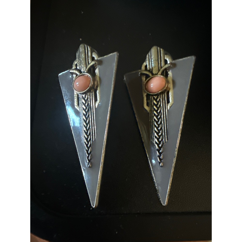Vintage Art Deco Geometric Triangle Grey Enamel Coral Cabochon Post Earrings